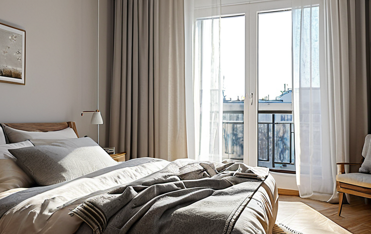 A Comfortable Bedroom Scene**

A bright and airy bedroom in a modern Russian apartment, featuring a queen-size bed with a plump duvet and several pillows. The bedding is made of natural linen in neutral tones (cream, light gray). Sunlight streams through sheer curtains. A bedside table holds a lamp and a few books. Focus on creating a sense of coziness and relaxation. Safe for work, appropriate content, fully clothed (no people in the image), professional, modest, family-friendly, perfect lighting, realistic textures, high quality.

**